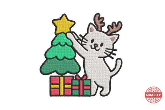 Christmas Cat with Tree Embroidery Patch